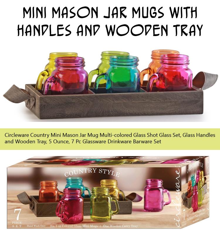 Mini Mason Jar Mugs with Handles and Wooden Tray