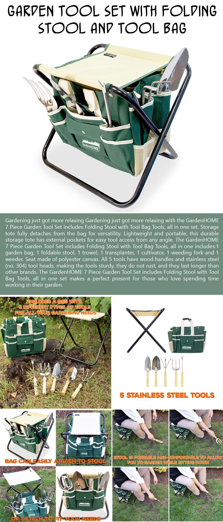 Garden Tool Set with Folding Stool and Tool Bag