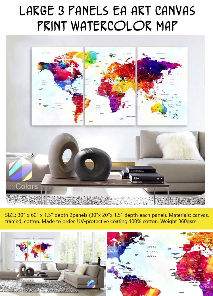 Large 3 Panel Ea Art Canvas Print Watercolor Map