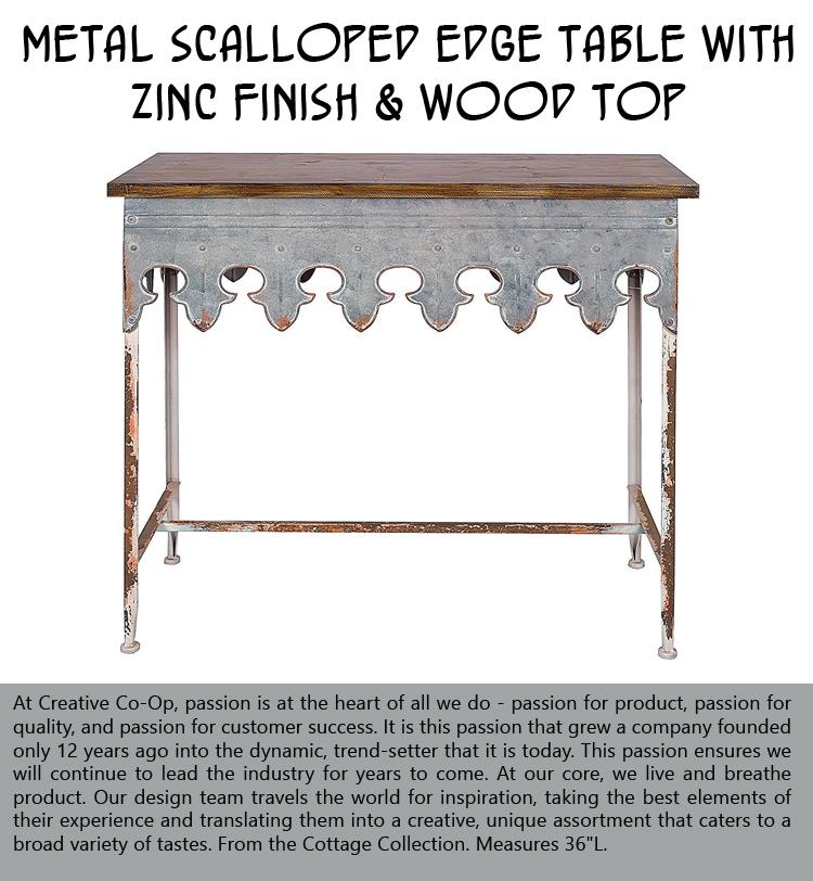 Metal Scalloped Edge Table with Zinc Finish and Wood Top